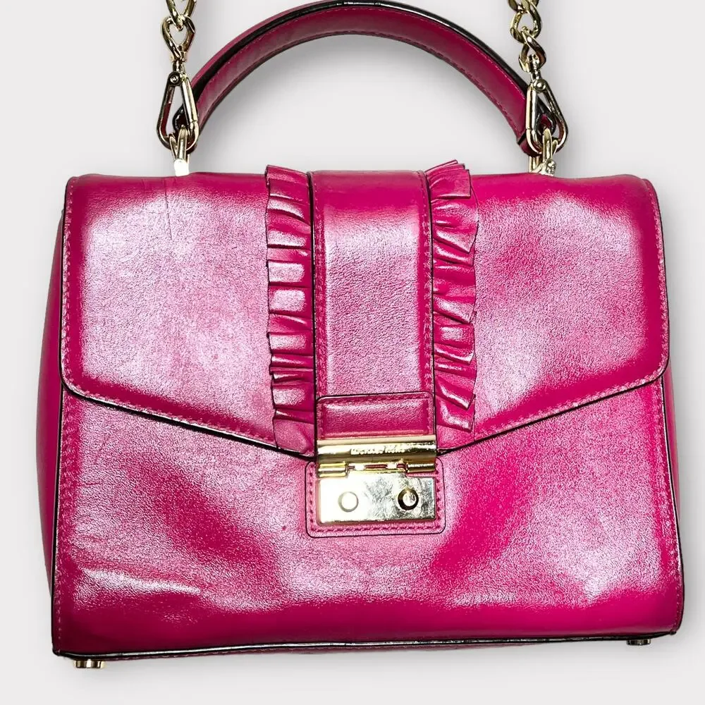 MICHAEL KORS Sloan Ultra Pink Ruffled Leather Medium Satchel Handbag Purse